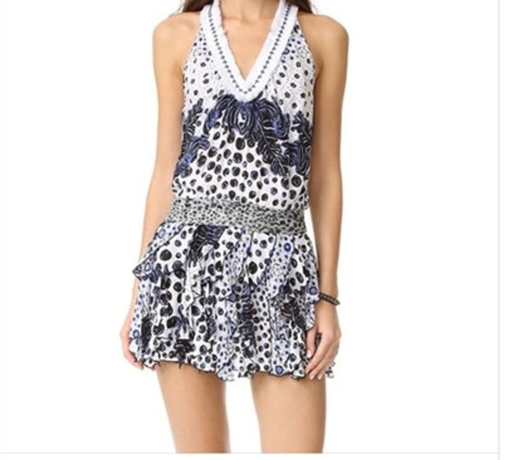 Poupette St Barth Beline Mini Dress Blue/White Halter Ruffle Print Size XS